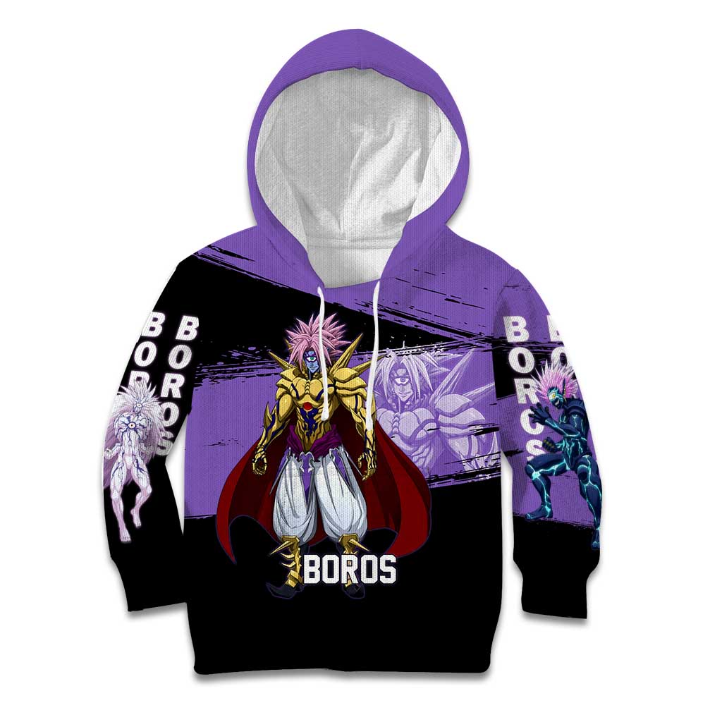Boros One Punch Man Anime Purple and Black Theme Kid Hoodie with Galactic Overlord Design and Intense Battle Stance - The Mazicc