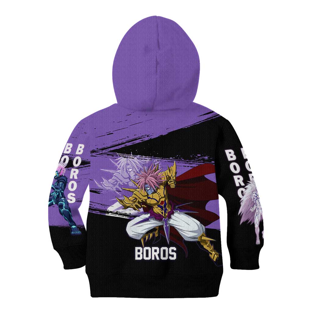 Boros One Punch Man Anime Purple and Black Theme Kid Hoodie with Galactic Overlord Design and Intense Battle Stance - The Mazicc