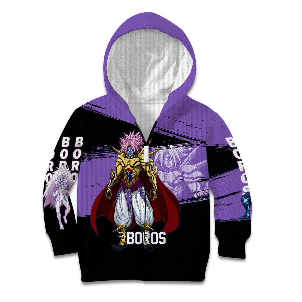 Boros One Punch Man Anime Purple and Black Theme Kid Hoodie with Galactic Overlord Design and Intense Battle Stance - The Mazicc