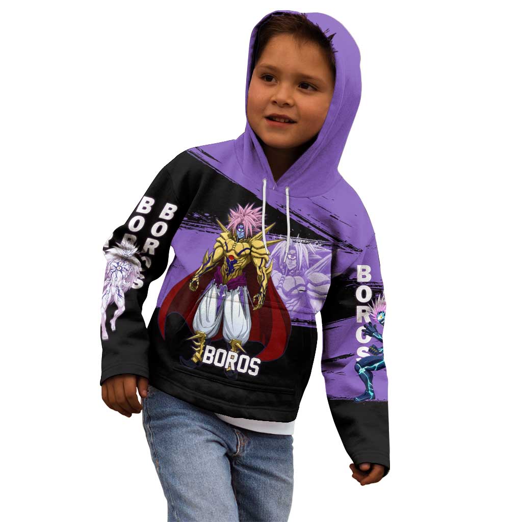 Boros One Punch Man Anime Purple and Black Theme Kid Hoodie with Galactic Overlord Design and Intense Battle Stance - The Mazicc