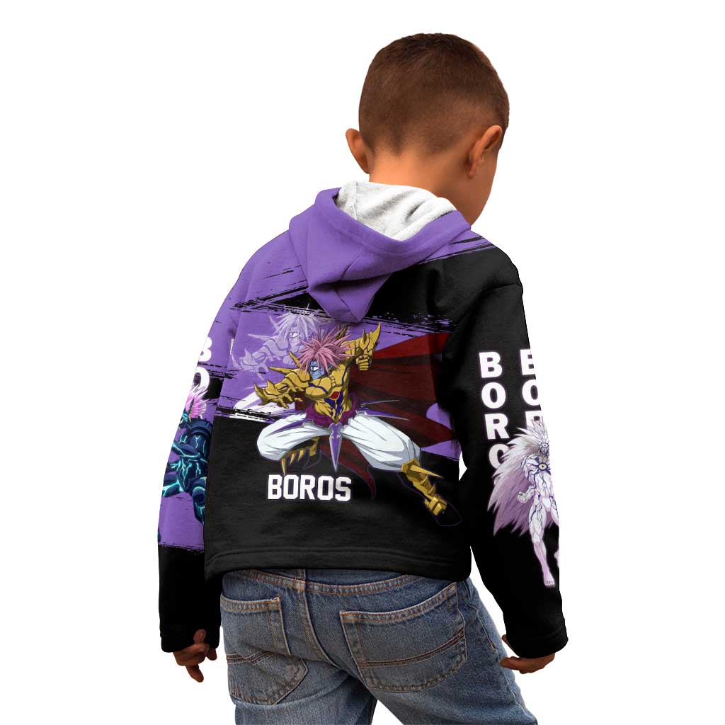 Boros One Punch Man Anime Purple and Black Theme Kid Hoodie with Galactic Overlord Design and Intense Battle Stance - The Mazicc