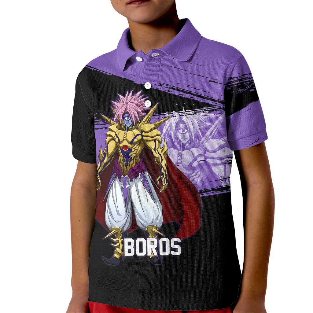 Boros One Punch Man Anime Purple and Black Theme Kid Polo Shirt with Galactic Overlord Design and Intense Battle Stance - The Mazicc