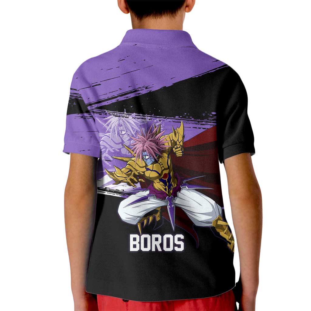 Boros One Punch Man Anime Purple and Black Theme Kid Polo Shirt with Galactic Overlord Design and Intense Battle Stance - The Mazicc