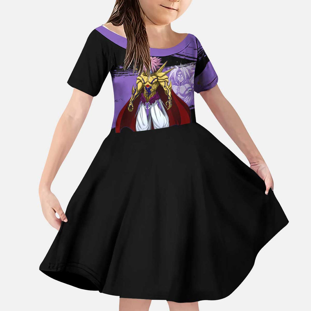 Boros One Punch Man Anime Purple and Black Theme Kid Short Sleeve Dress with Galactic Overlord Design and Intense Battle Stance - The Mazicc