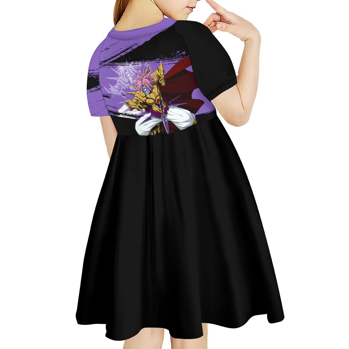 Boros One Punch Man Anime Purple and Black Theme Kid Short Sleeve Dress with Galactic Overlord Design and Intense Battle Stance - The Mazicc