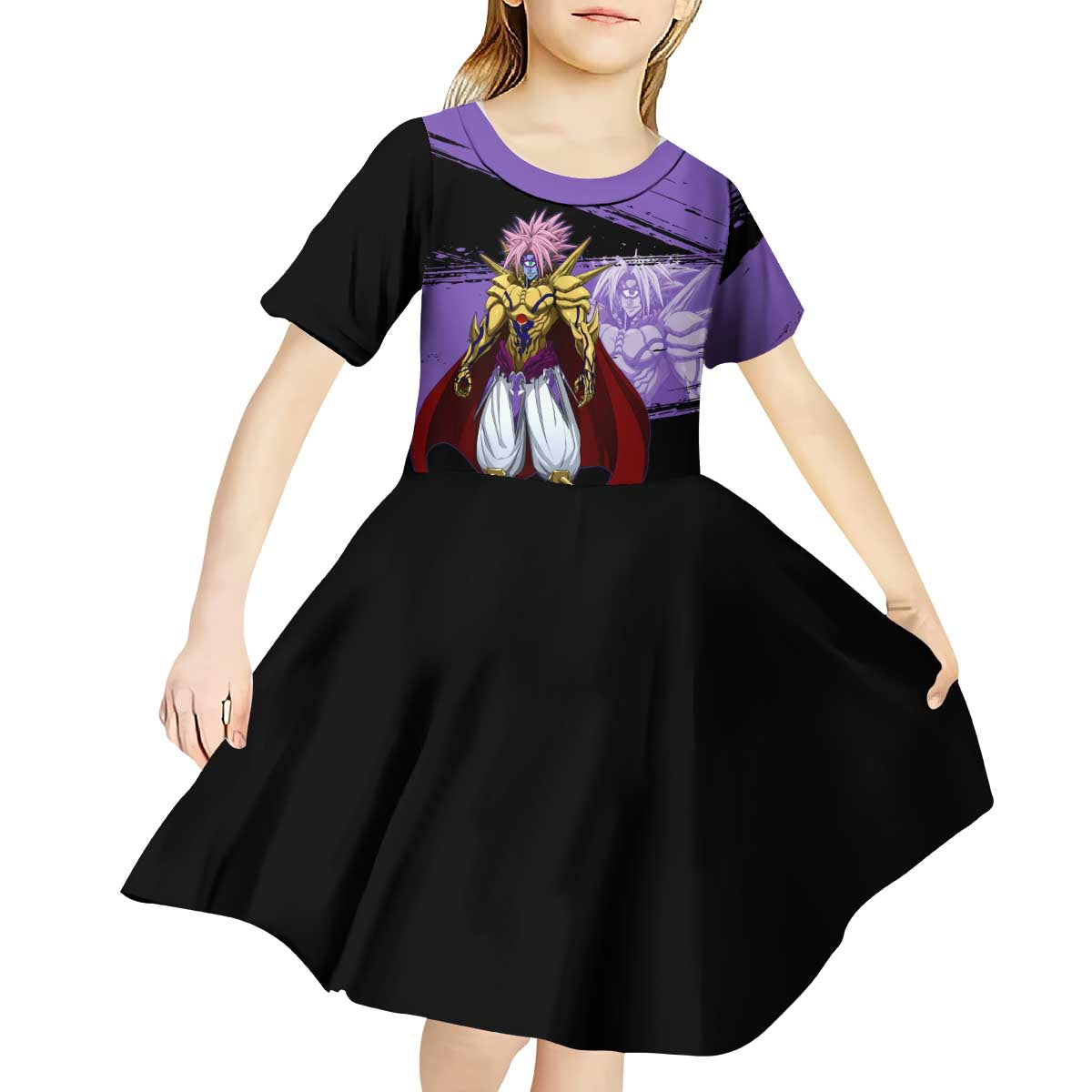Boros One Punch Man Anime Purple and Black Theme Kid Short Sleeve Dress with Galactic Overlord Design and Intense Battle Stance - The Mazicc