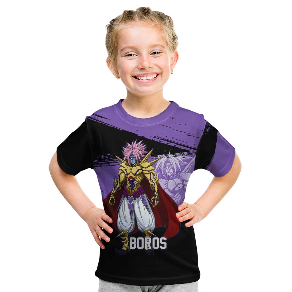 Boros One Punch Man Anime Purple and Black Theme Kid T Shirt with Galactic Overlord Design and Intense Battle Stance - The Mazicc