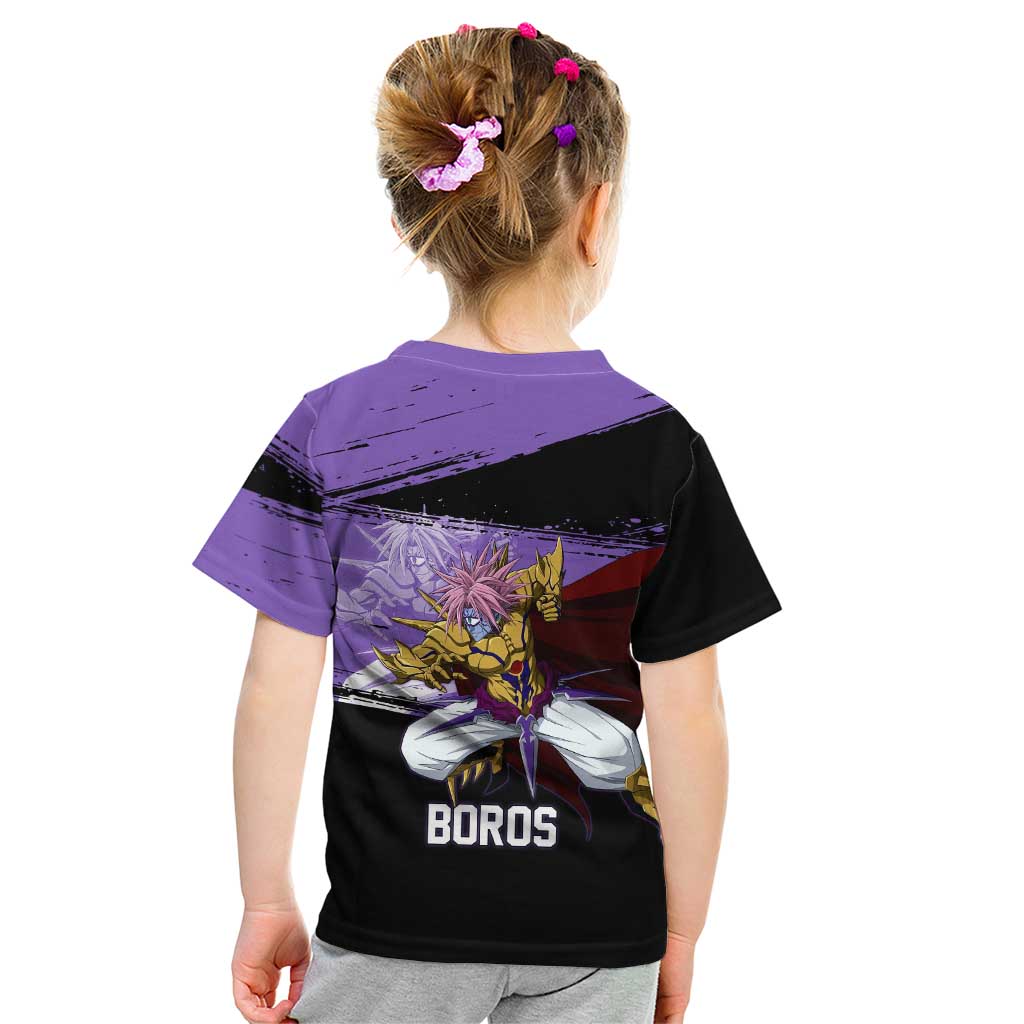 Boros One Punch Man Anime Purple and Black Theme Kid T Shirt with Galactic Overlord Design and Intense Battle Stance - The Mazicc