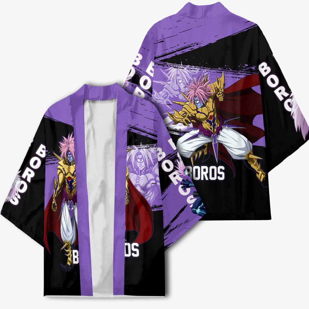Boros One Punch Man Anime Purple and Black Theme Kimono with Galactic Overlord Design and Intense Battle Stance - The Mazicc