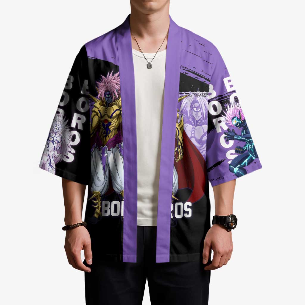 Boros One Punch Man Anime Purple and Black Theme Kimono with Galactic Overlord Design and Intense Battle Stance - The Mazicc