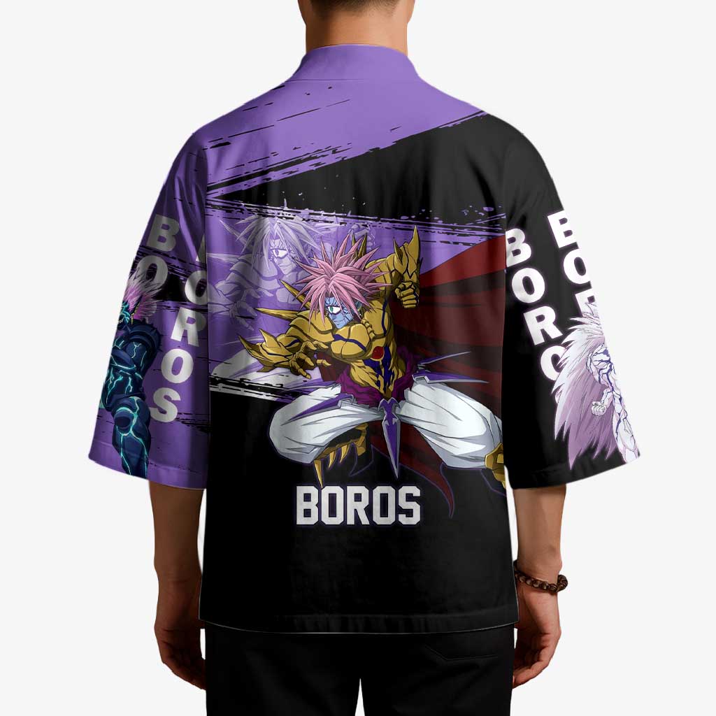 Boros One Punch Man Anime Purple and Black Theme Kimono with Galactic Overlord Design and Intense Battle Stance - The Mazicc