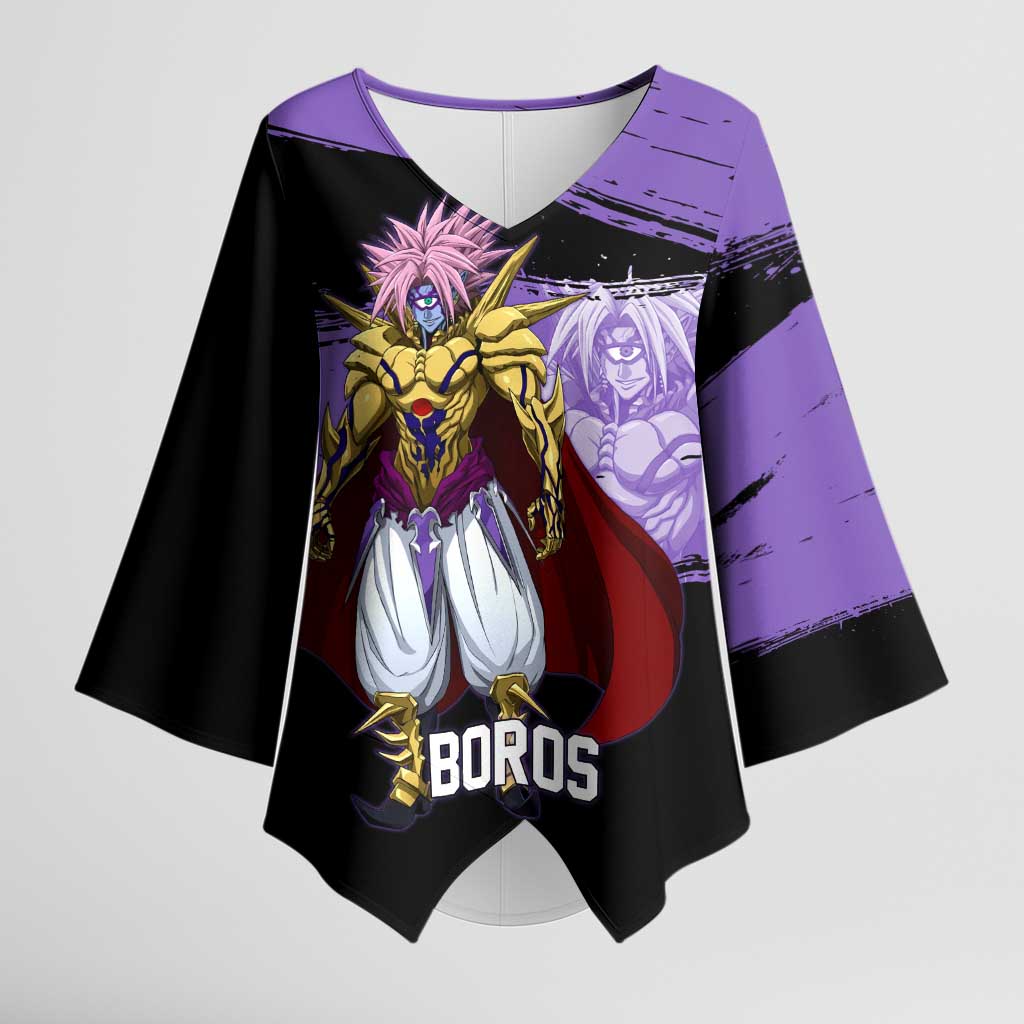 Boros One Punch Man Anime Purple and Black Theme Kimono Sleeve Blouse with Galactic Overlord Design and Intense Battle Stance - The Mazicc