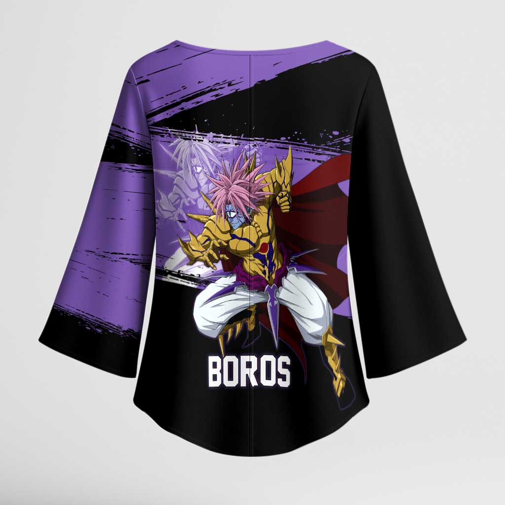 Boros One Punch Man Anime Purple and Black Theme Kimono Sleeve Blouse with Galactic Overlord Design and Intense Battle Stance - The Mazicc