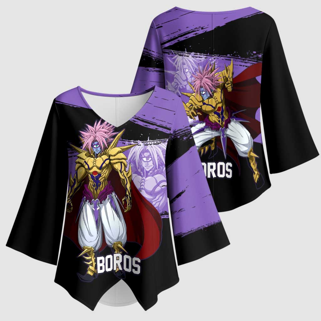 Boros One Punch Man Anime Purple and Black Theme Kimono Sleeve Blouse with Galactic Overlord Design and Intense Battle Stance - The Mazicc