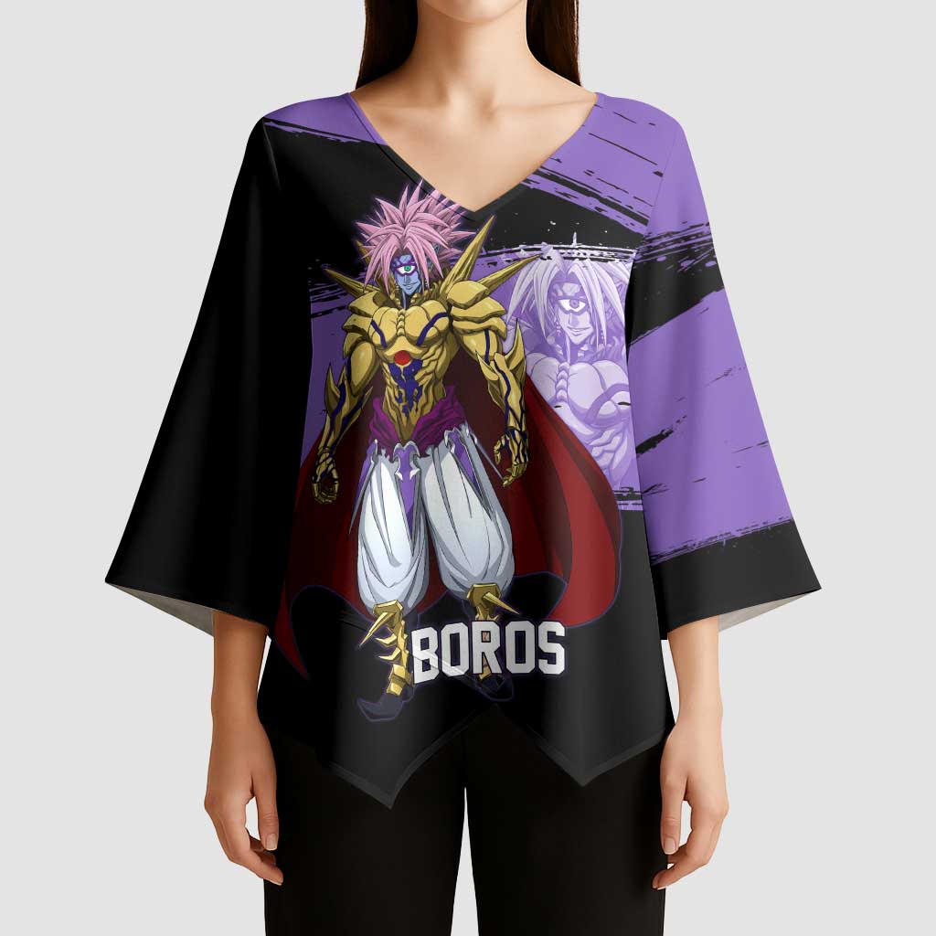 Boros One Punch Man Anime Purple and Black Theme Kimono Sleeve Blouse with Galactic Overlord Design and Intense Battle Stance - The Mazicc
