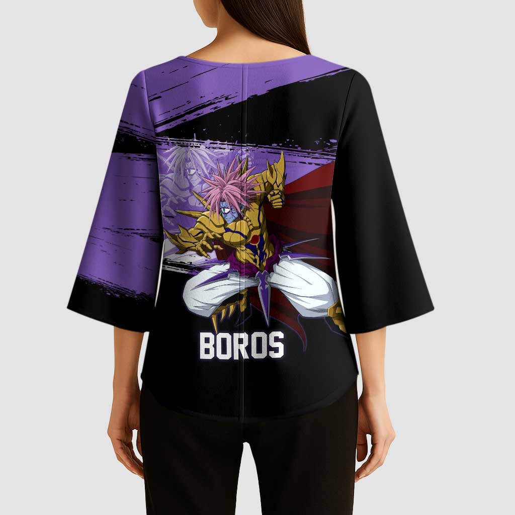 Boros One Punch Man Anime Purple and Black Theme Kimono Sleeve Blouse with Galactic Overlord Design and Intense Battle Stance - The Mazicc