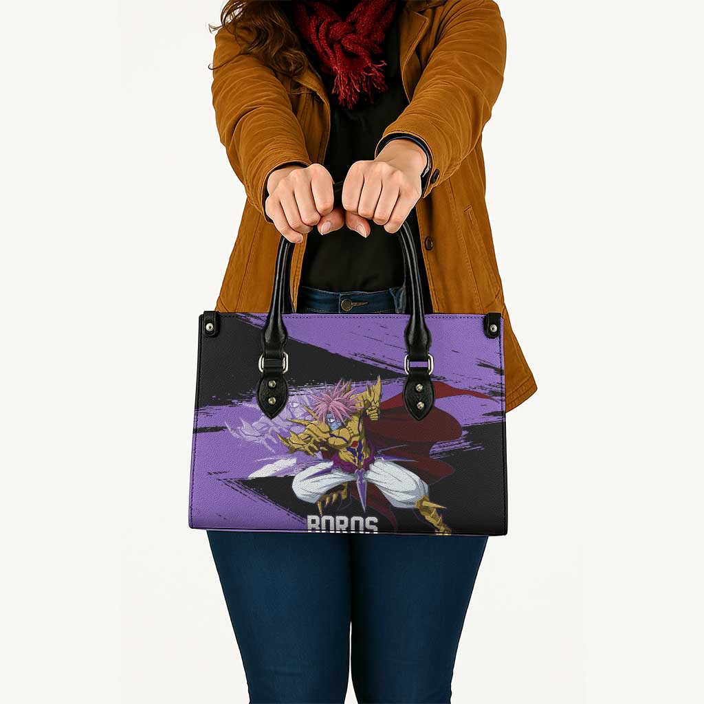 Boros One Punch Man Anime Purple and Black Theme Leather Bag with Galactic Overlord Design and Intense Battle Stance - The Mazicc
