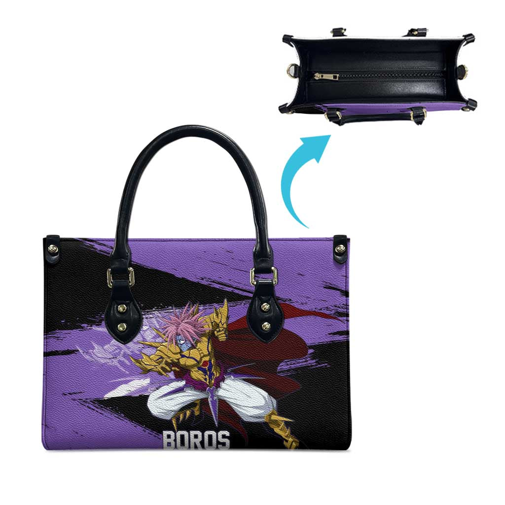 Boros One Punch Man Anime Purple and Black Theme Leather Bag with Galactic Overlord Design and Intense Battle Stance - The Mazicc