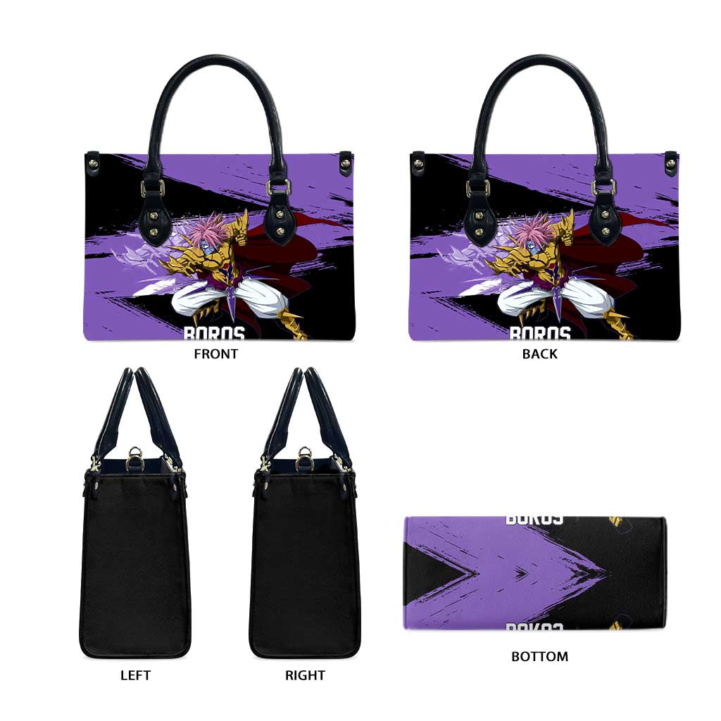 Boros One Punch Man Anime Purple and Black Theme Leather Bag with Galactic Overlord Design and Intense Battle Stance - The Mazicc