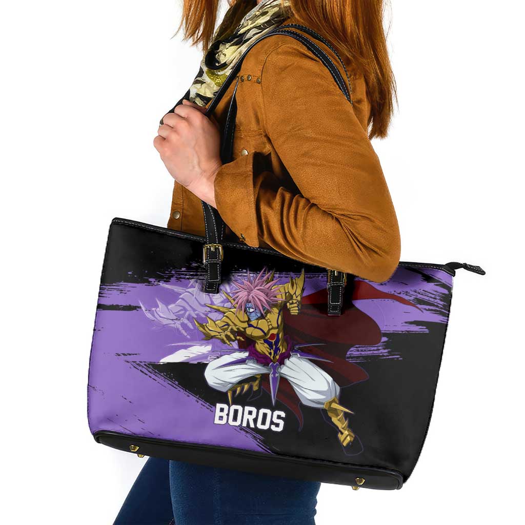 Boros One Punch Man Anime Purple and Black Theme Leather Tote Bag with Galactic Overlord Design and Intense Battle Stance - The Mazicc