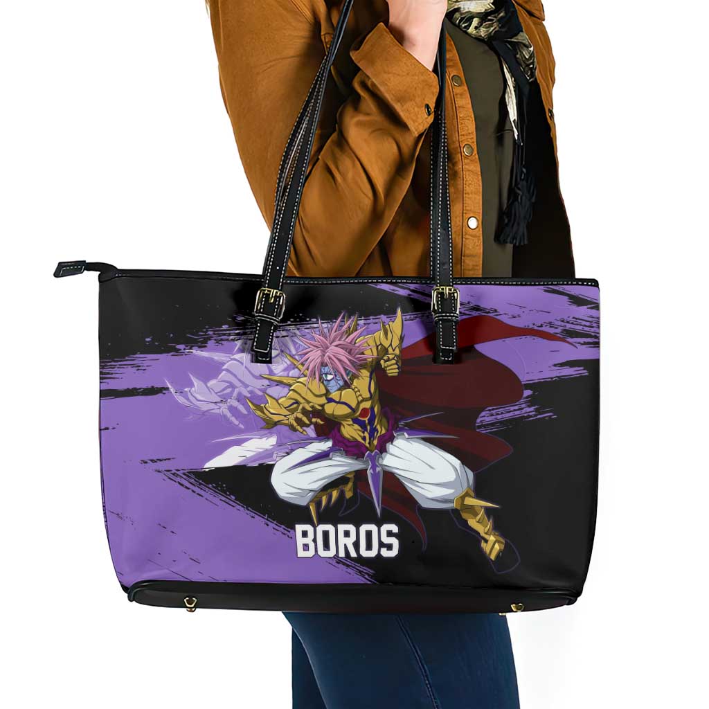 Boros One Punch Man Anime Purple and Black Theme Leather Tote Bag with Galactic Overlord Design and Intense Battle Stance - The Mazicc