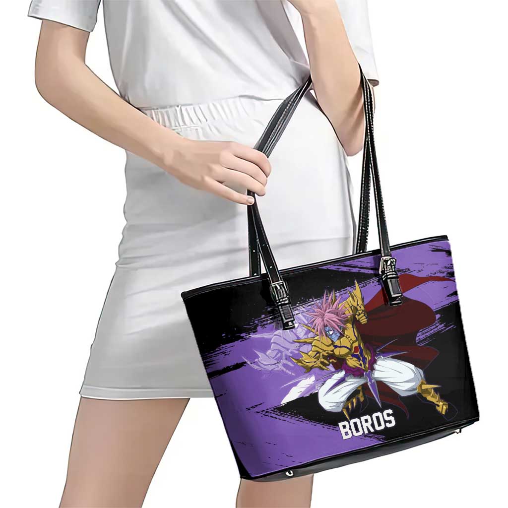 Boros One Punch Man Anime Purple and Black Theme Leather Tote Bag with Galactic Overlord Design and Intense Battle Stance - The Mazicc