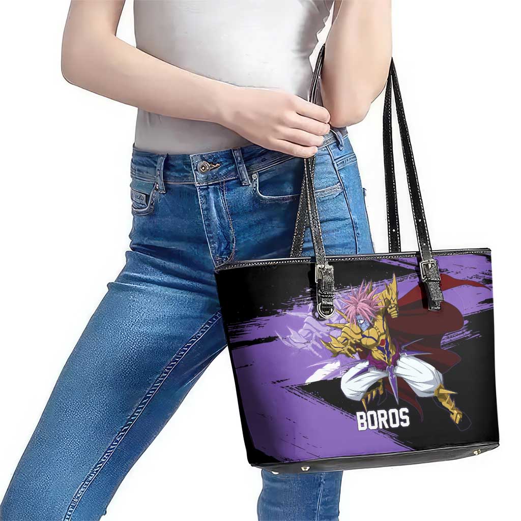 Boros One Punch Man Anime Purple and Black Theme Leather Tote Bag with Galactic Overlord Design and Intense Battle Stance - The Mazicc