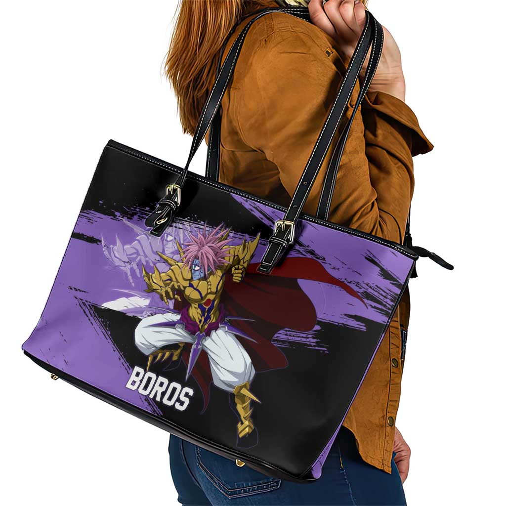 Boros One Punch Man Anime Purple and Black Theme Leather Tote Bag with Galactic Overlord Design and Intense Battle Stance - The Mazicc