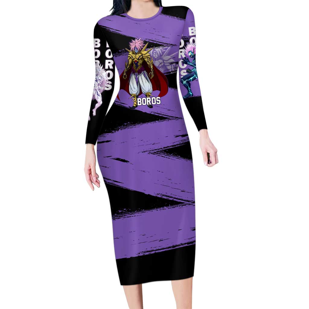 Boros One Punch Man Anime Purple and Black Theme Long Sleeve Bodycon Dress with Galactic Overlord Design and Intense Battle Stance - The Mazicc