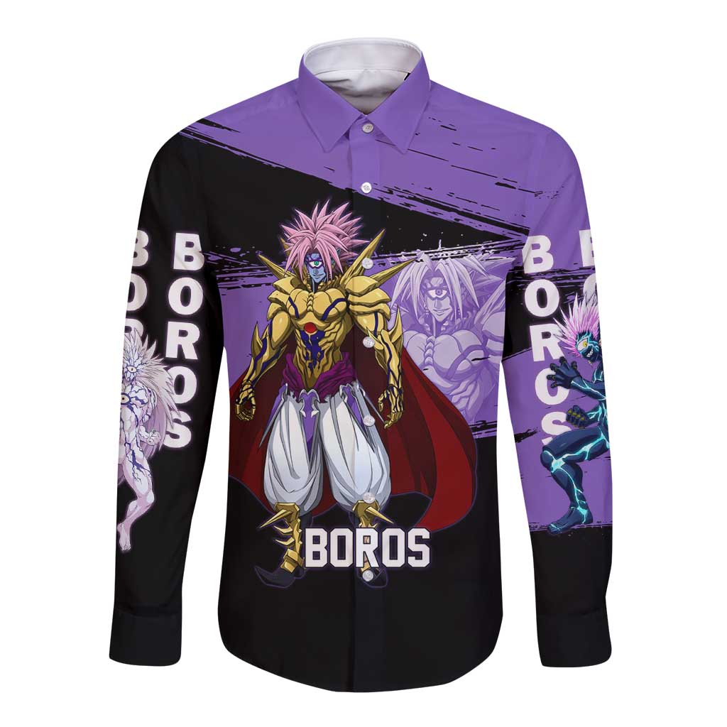 Boros One Punch Man Anime Purple and Black Theme Long Sleeve Button Shirt with Galactic Overlord Design and Intense Battle Stance - The Mazicc