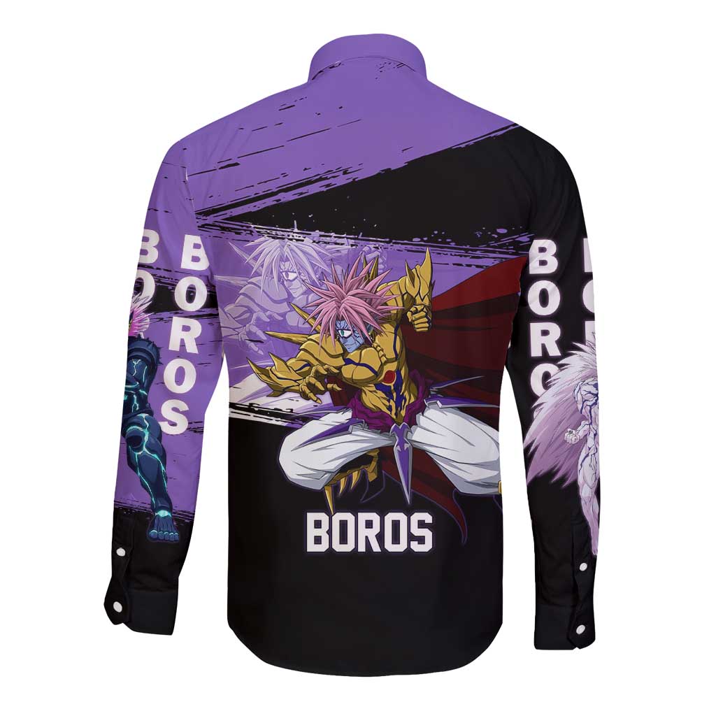 Boros One Punch Man Anime Purple and Black Theme Long Sleeve Button Shirt with Galactic Overlord Design and Intense Battle Stance - The Mazicc