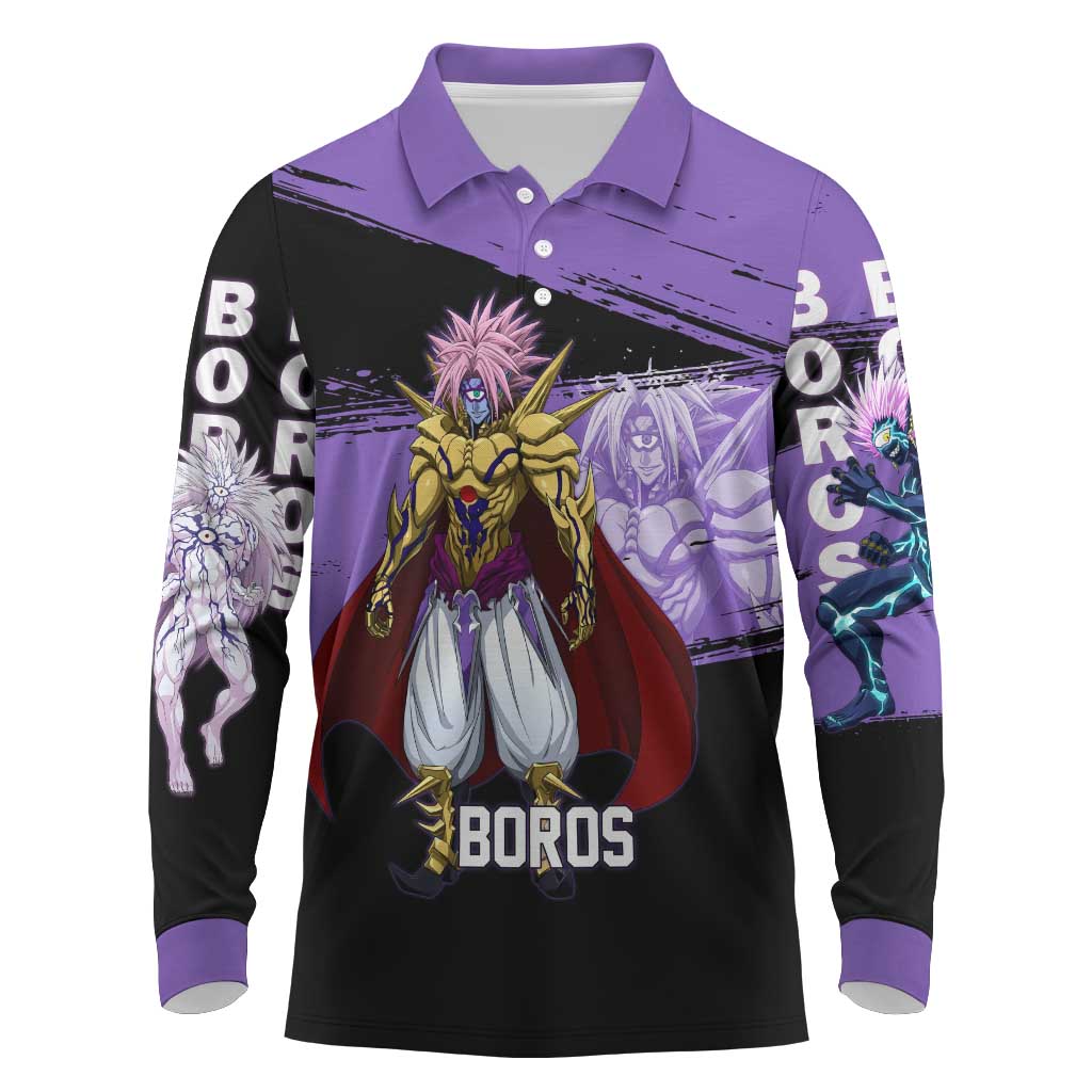 Boros One Punch Man Anime Purple and Black Theme Long Sleeve Polo Shirt with Galactic Overlord Design and Intense Battle Stance - The Mazicc