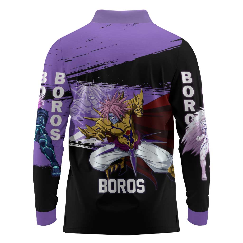 Boros One Punch Man Anime Purple and Black Theme Long Sleeve Polo Shirt with Galactic Overlord Design and Intense Battle Stance - The Mazicc