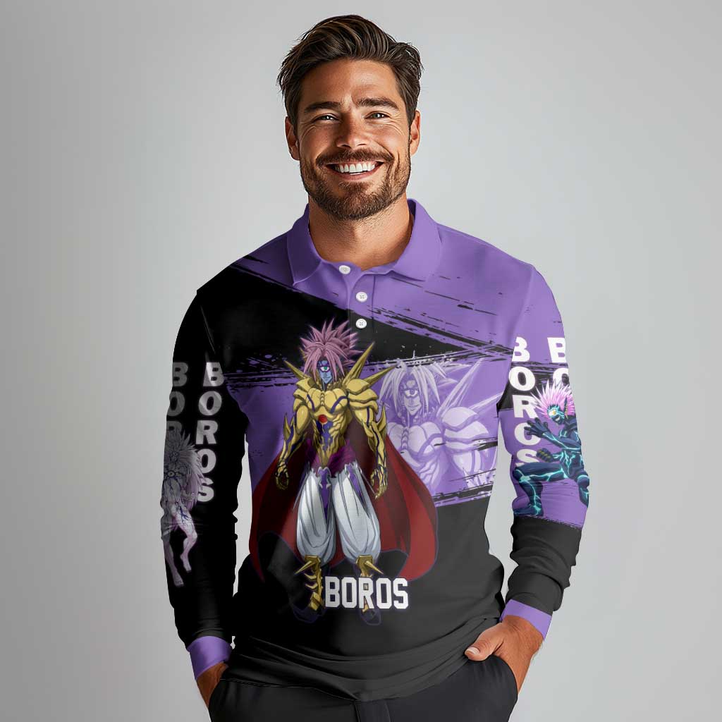 Boros One Punch Man Anime Purple and Black Theme Long Sleeve Polo Shirt with Galactic Overlord Design and Intense Battle Stance - The Mazicc