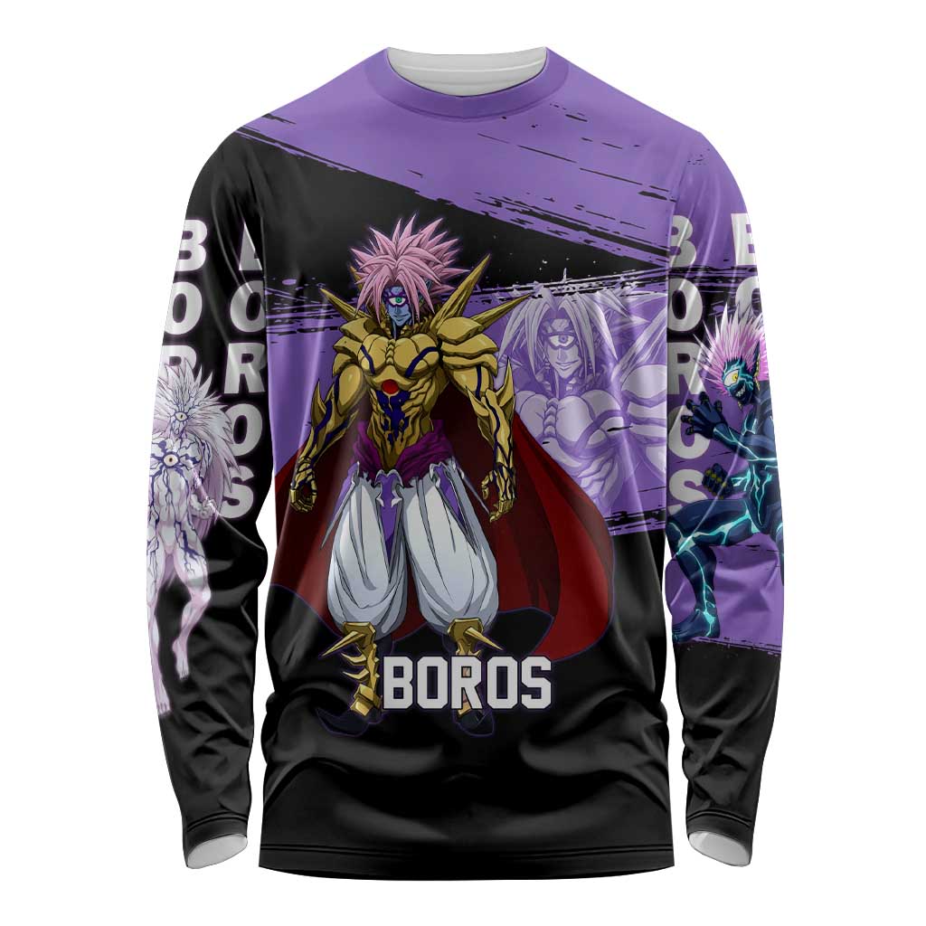 Boros One Punch Man Anime Purple and Black Theme Long Sleeve Shirt with Galactic Overlord Design and Intense Battle Stance - The Mazicc