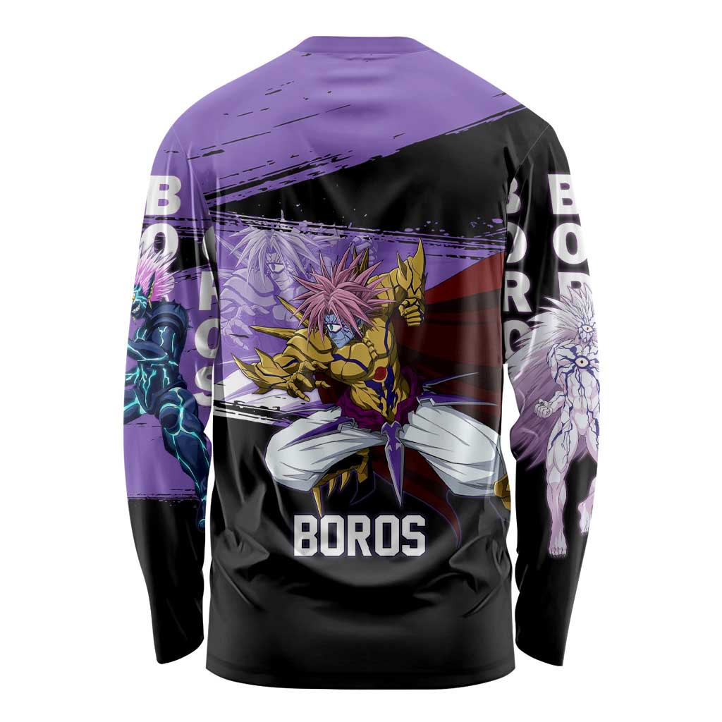 Boros One Punch Man Anime Purple and Black Theme Long Sleeve Shirt with Galactic Overlord Design and Intense Battle Stance - The Mazicc