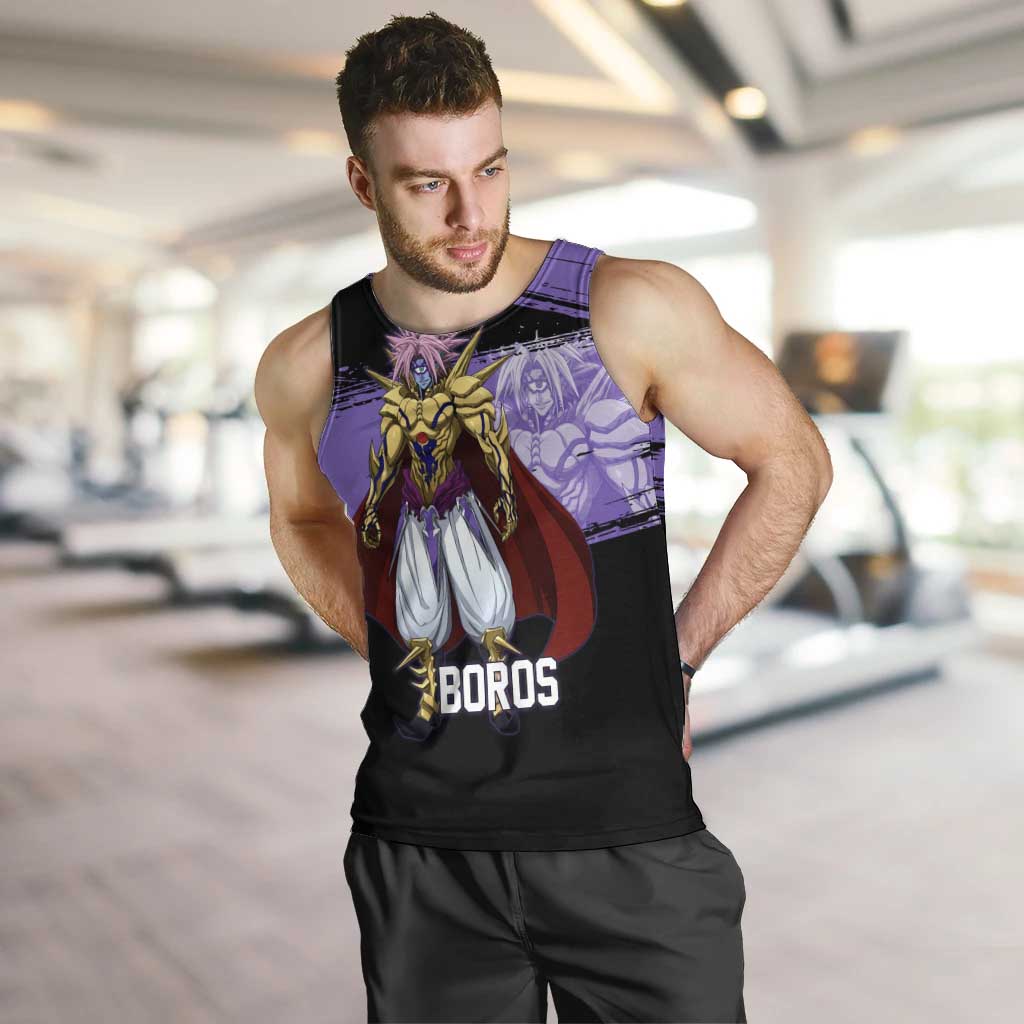 Boros One Punch Man Anime Purple and Black Theme Men Tank Top with Galactic Overlord Design and Intense Battle Stance - The Mazicc
