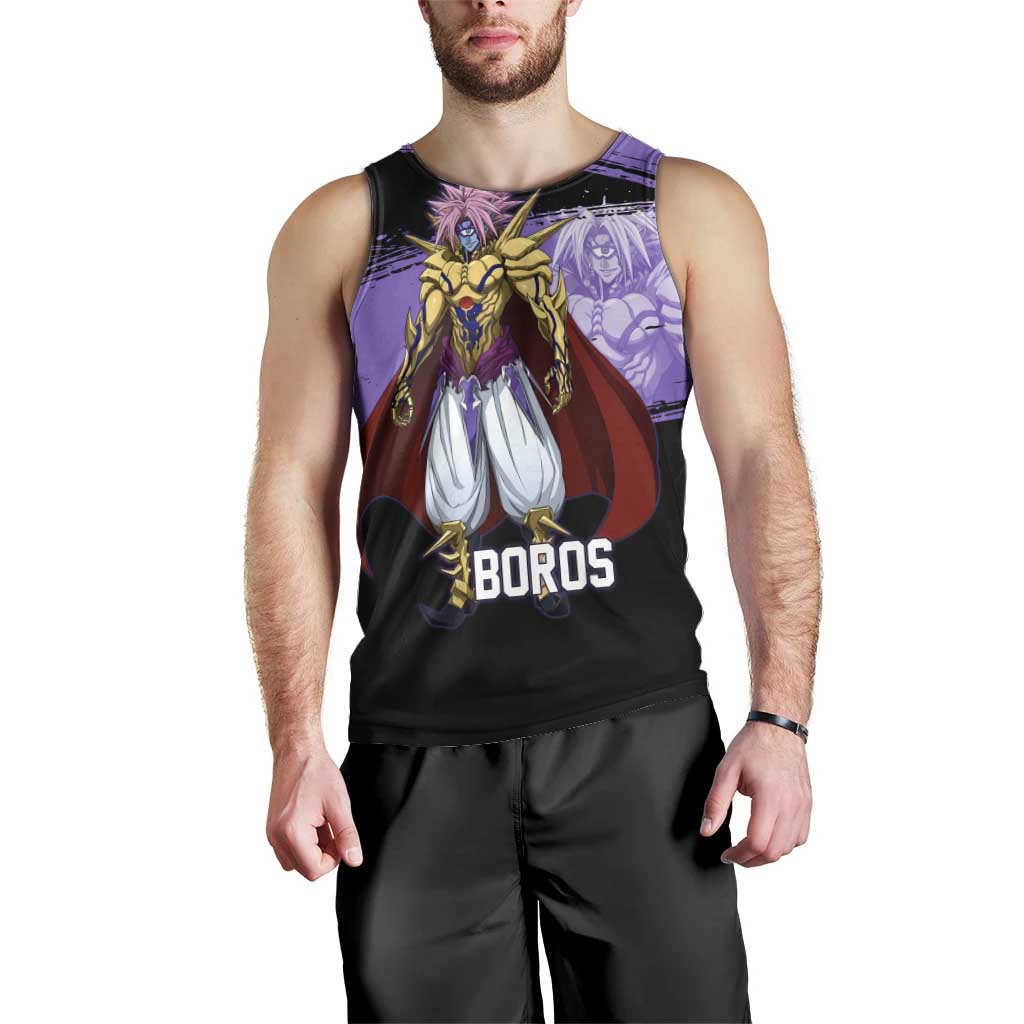 Boros One Punch Man Anime Purple and Black Theme Men Tank Top with Galactic Overlord Design and Intense Battle Stance - The Mazicc
