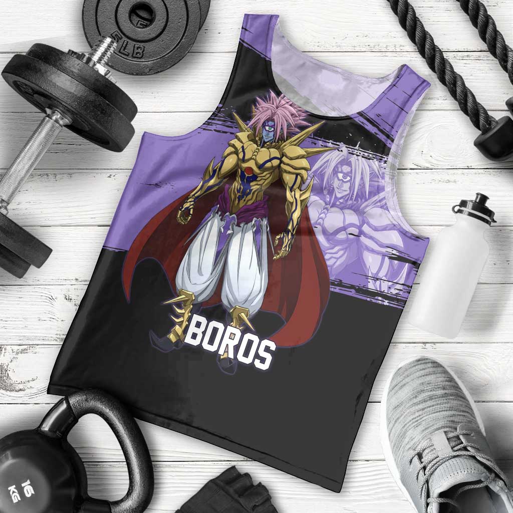 Boros One Punch Man Anime Purple and Black Theme Men Tank Top with Galactic Overlord Design and Intense Battle Stance - The Mazicc