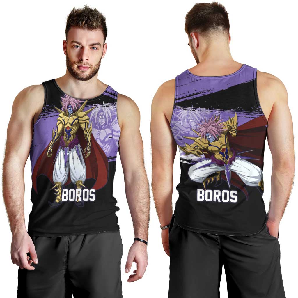 Boros One Punch Man Anime Purple and Black Theme Men Tank Top with Galactic Overlord Design and Intense Battle Stance - The Mazicc