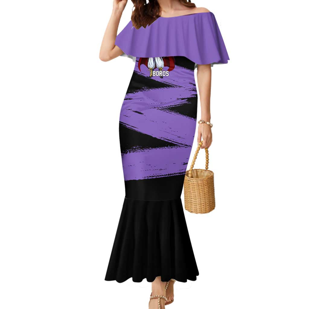Boros One Punch Man Anime Purple and Black Theme Mermaid Dress with Galactic Overlord Design and Intense Battle Stance - The Mazicc