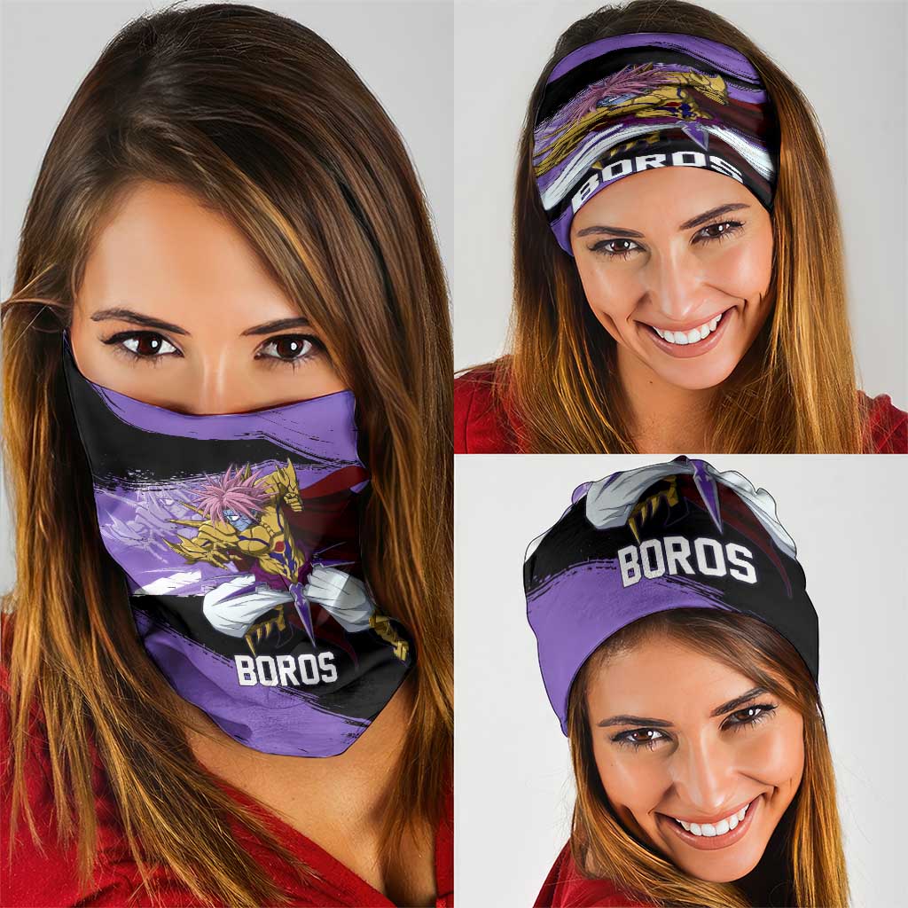 Boros One Punch Man Anime Purple and Black Theme Neck Gaiter with Galactic Overlord Design and Intense Battle Stance - The Mazicc