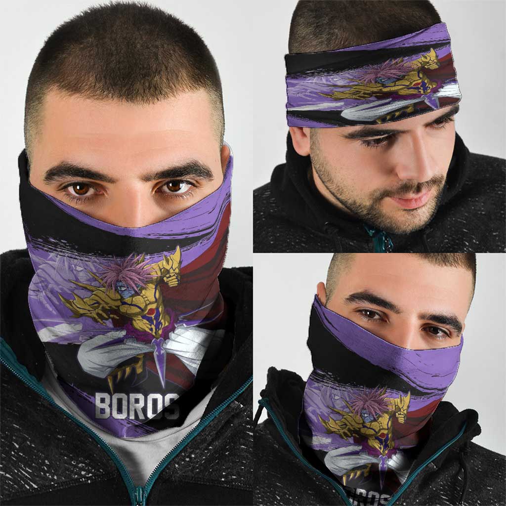 Boros One Punch Man Anime Purple and Black Theme Neck Gaiter with Galactic Overlord Design and Intense Battle Stance - The Mazicc
