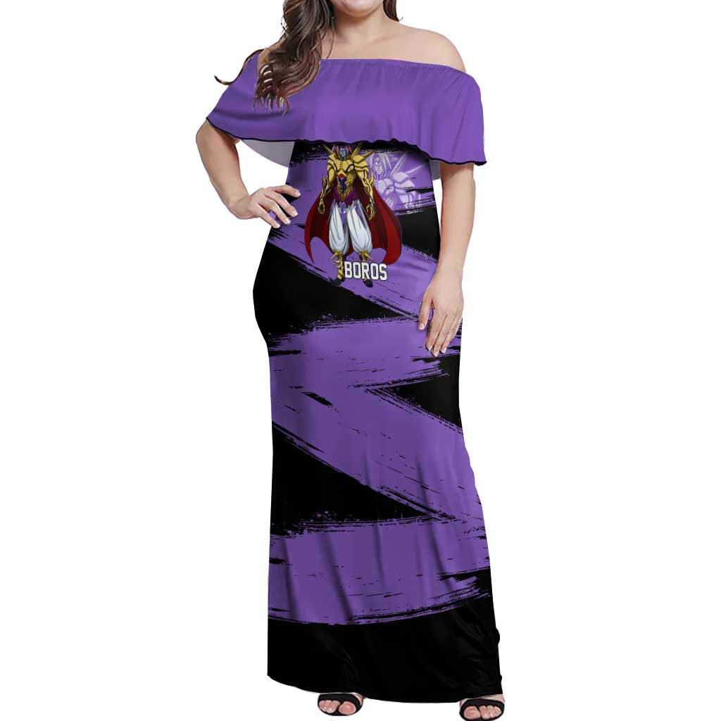 Boros One Punch Man Anime Purple and Black Theme Off Shoulder Maxi Dress with Galactic Overlord Design and Intense Battle Stance - The Mazicc