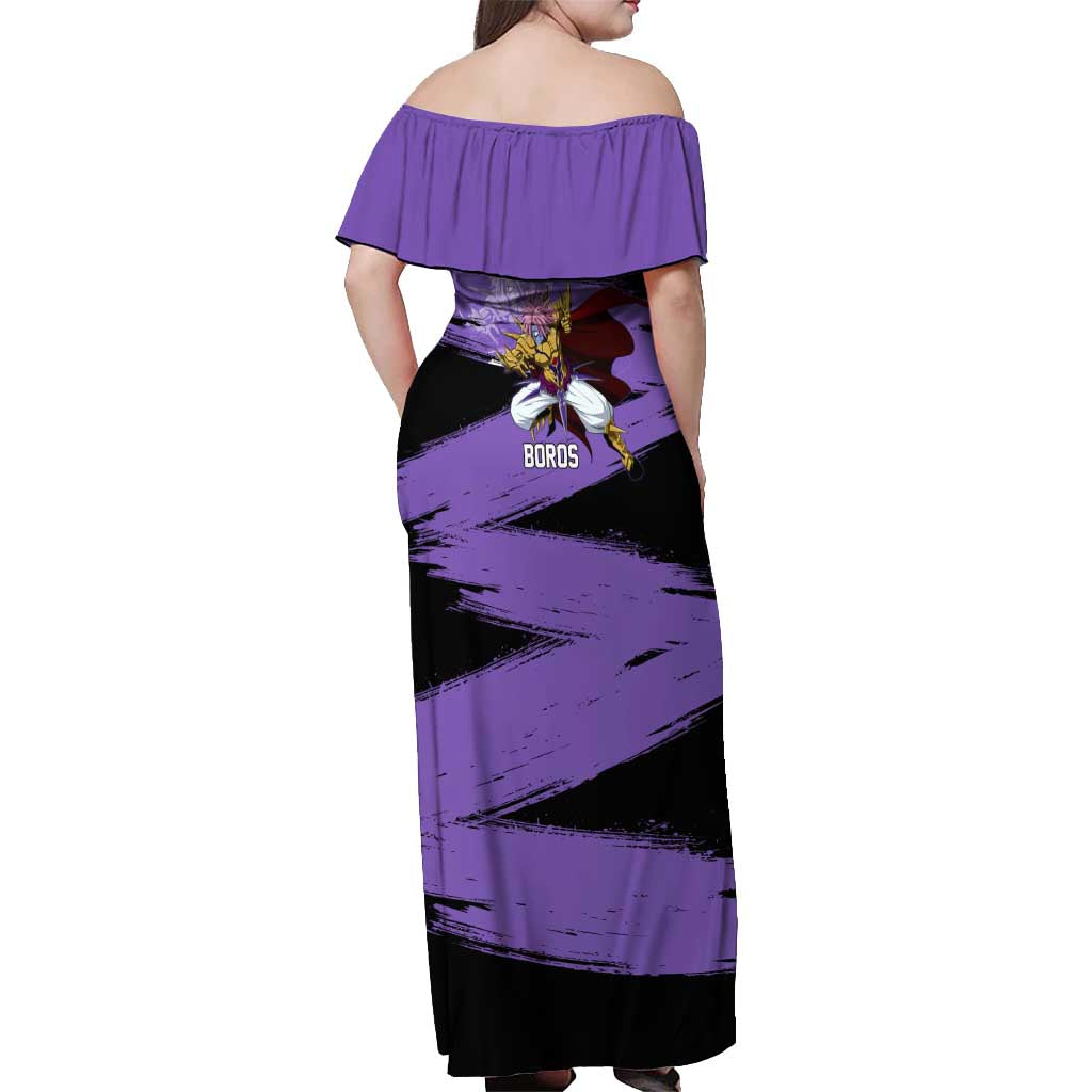 Boros One Punch Man Anime Purple and Black Theme Off Shoulder Maxi Dress with Galactic Overlord Design and Intense Battle Stance - The Mazicc