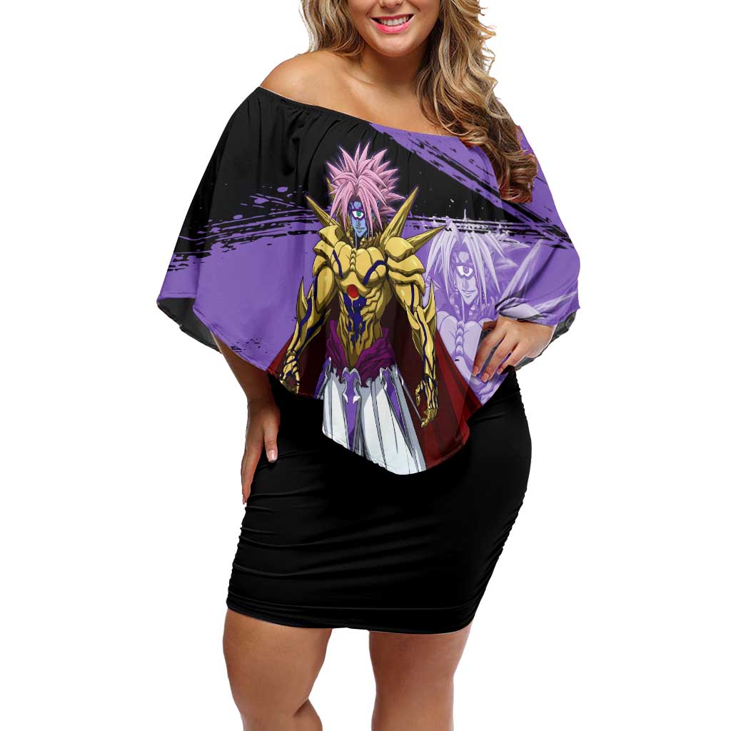 Boros One Punch Man Anime Purple and Black Theme Off Shoulder Short Dress with Galactic Overlord Design and Intense Battle Stance - The Mazicc