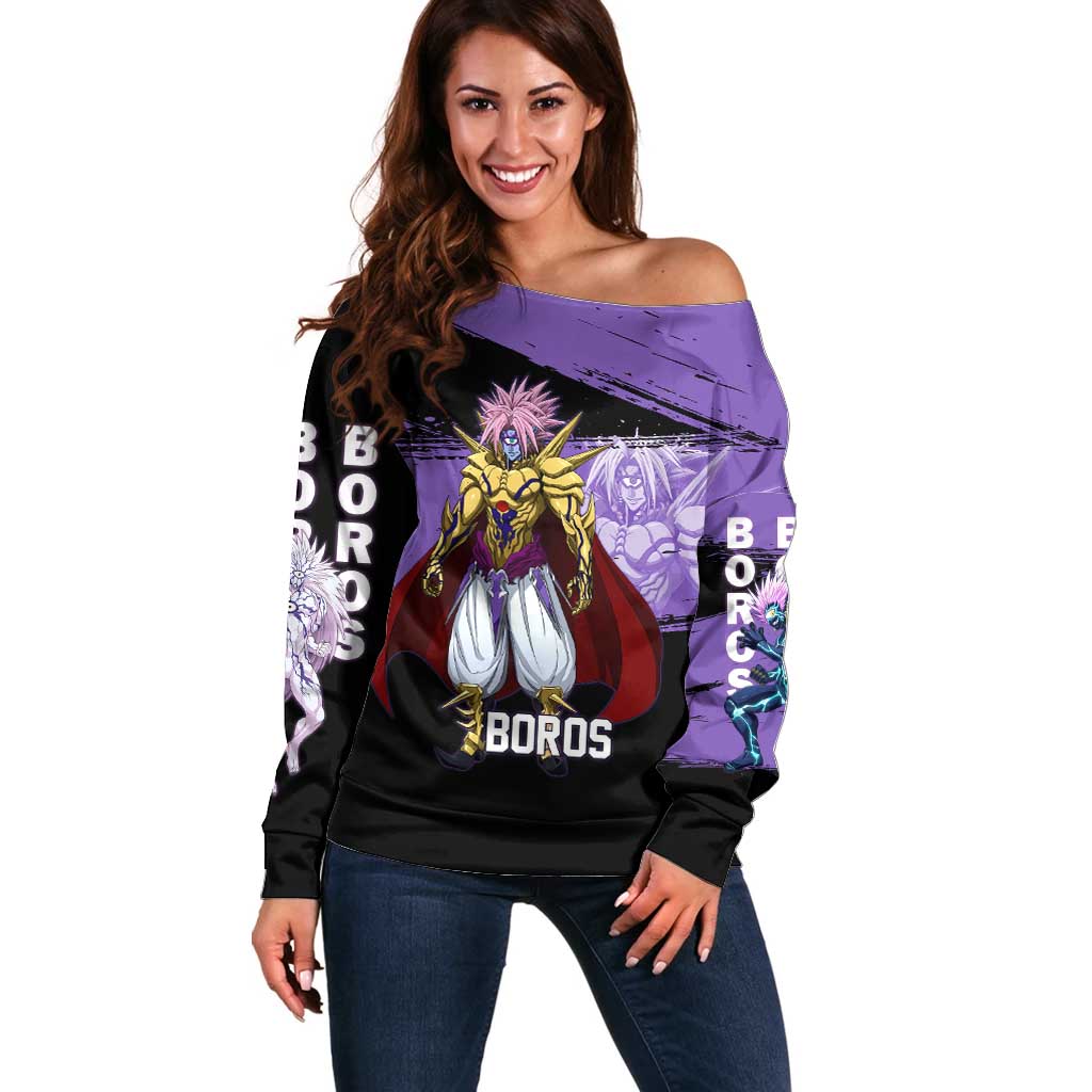 Boros One Punch Man Anime Purple and Black Theme Off Shoulder Sweater with Galactic Overlord Design and Intense Battle Stance - The Mazicc