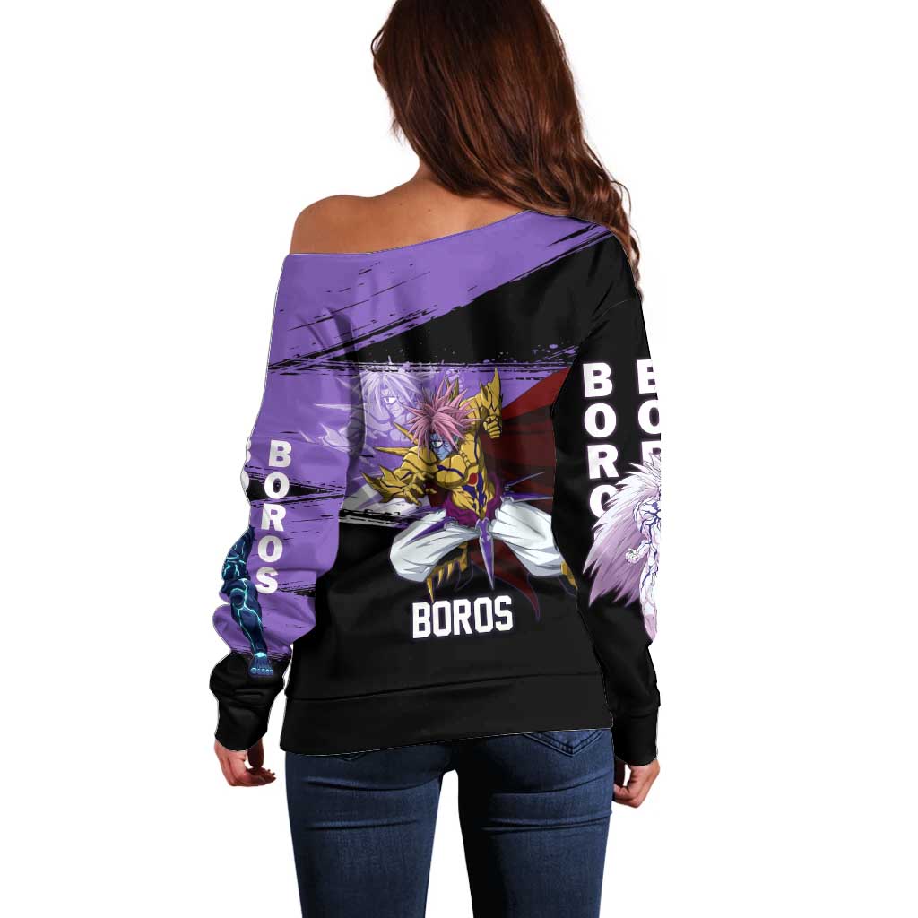 Boros One Punch Man Anime Purple and Black Theme Off Shoulder Sweater with Galactic Overlord Design and Intense Battle Stance - The Mazicc