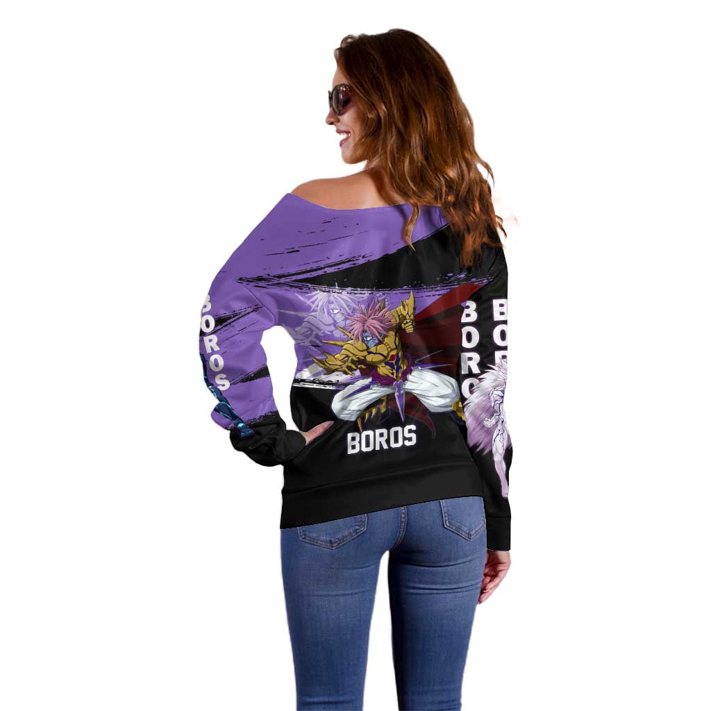 Boros One Punch Man Anime Purple and Black Theme Off Shoulder Sweater with Galactic Overlord Design and Intense Battle Stance - The Mazicc