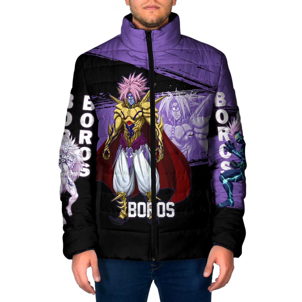 Boros One Punch Man Anime Purple and Black Theme Padded Jacket with Galactic Overlord Design and Intense Battle Stance - The Mazicc